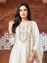 Off white chanderi silk elegant embroidered festive anarkali suit