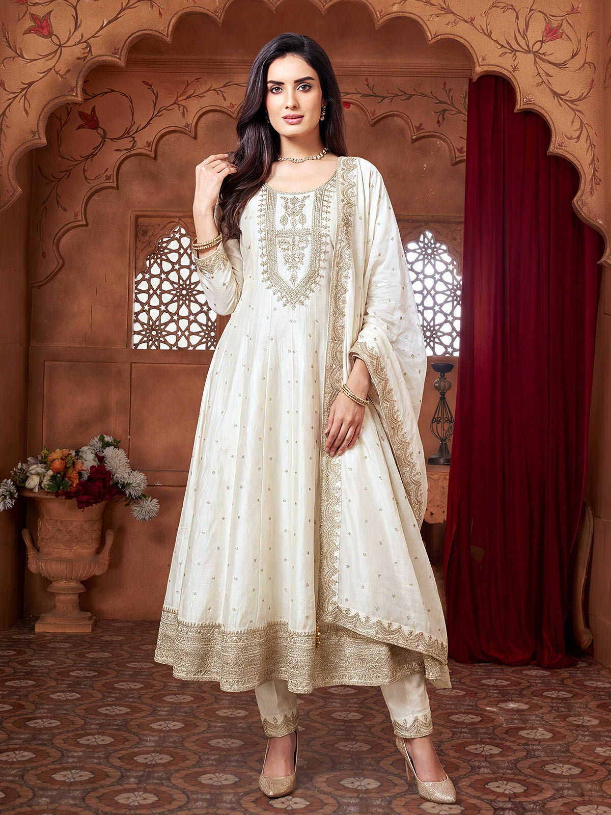 Off white chanderi silk elegant embroidered festive anarkali suit
