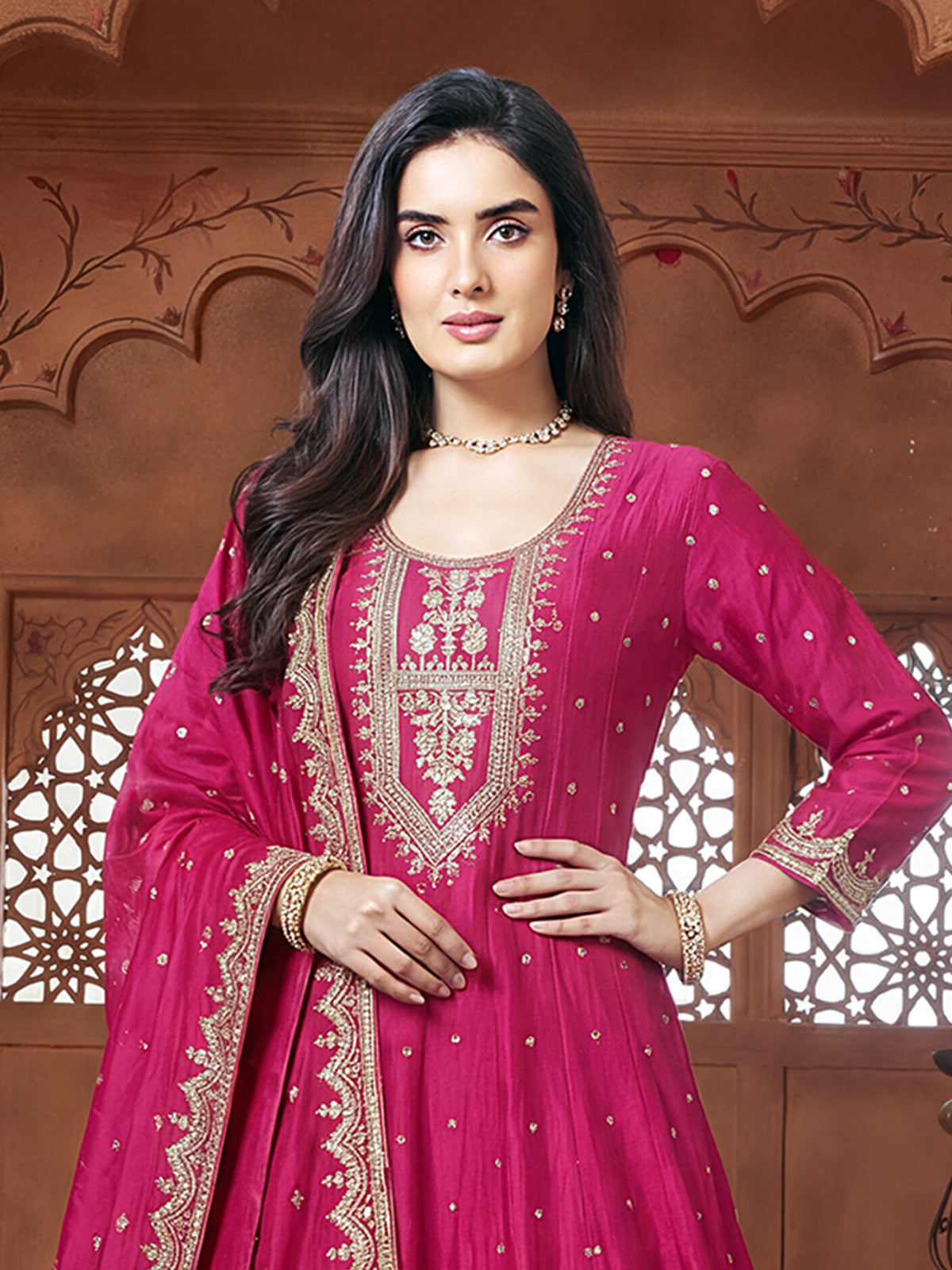 Rani pink chanderi silk royal embroidered festive salwar suit