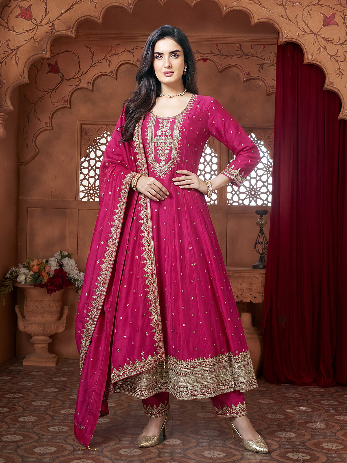 Rani pink chanderi silk royal embroidered festive salwar suit