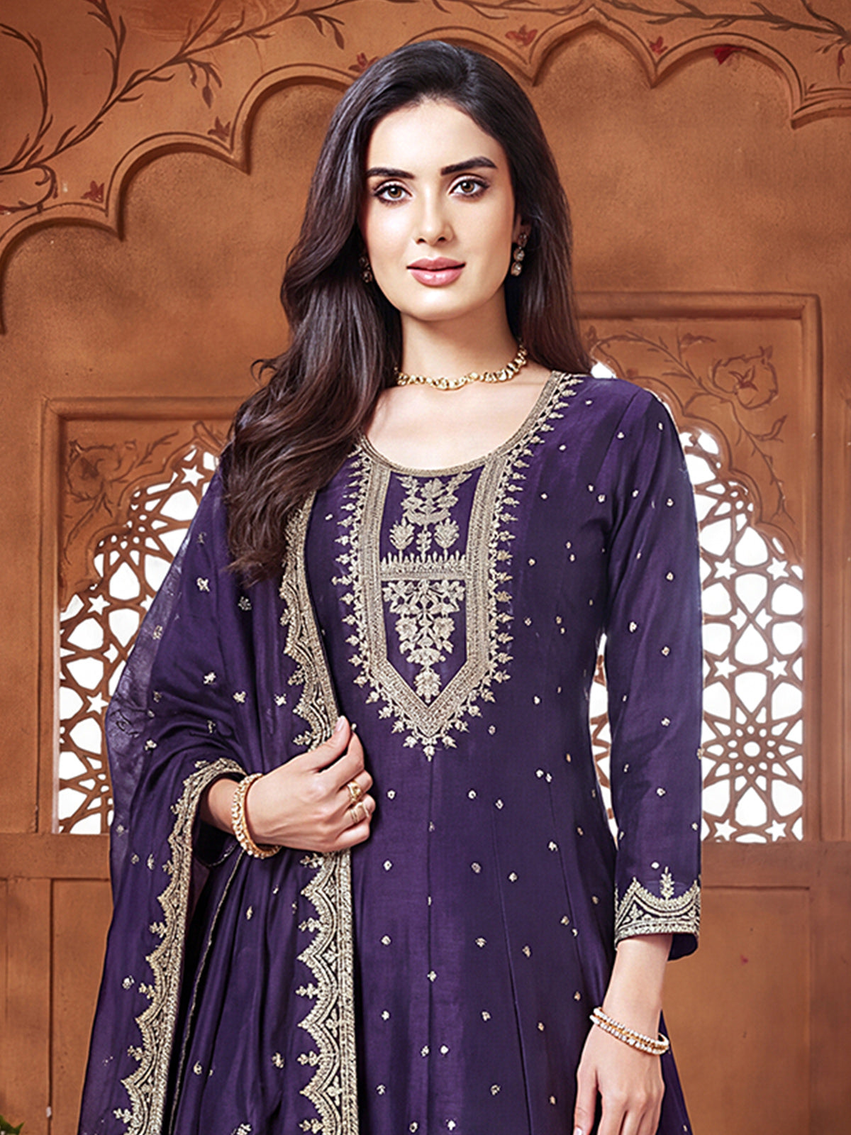 Purple chanderi silk regal embroidered festive anarkali suit