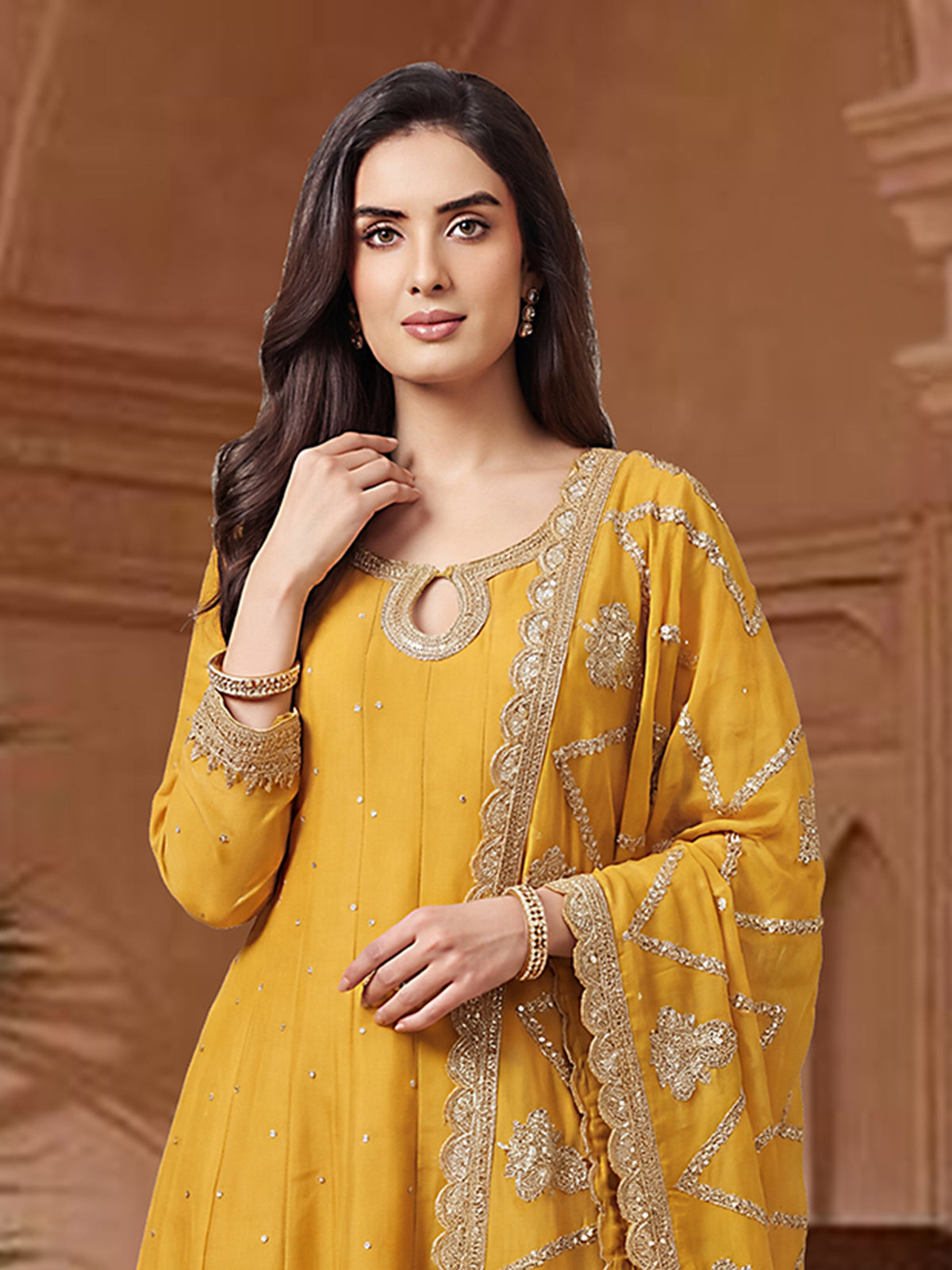 Yellow chinon silk haldi ready festive anarkali suit