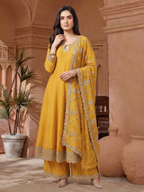 Yellow chinon silk haldi ready festive anarkali suit