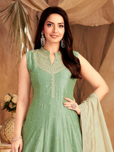 Mint green slub silk sleeveless embroidered anarkali suit