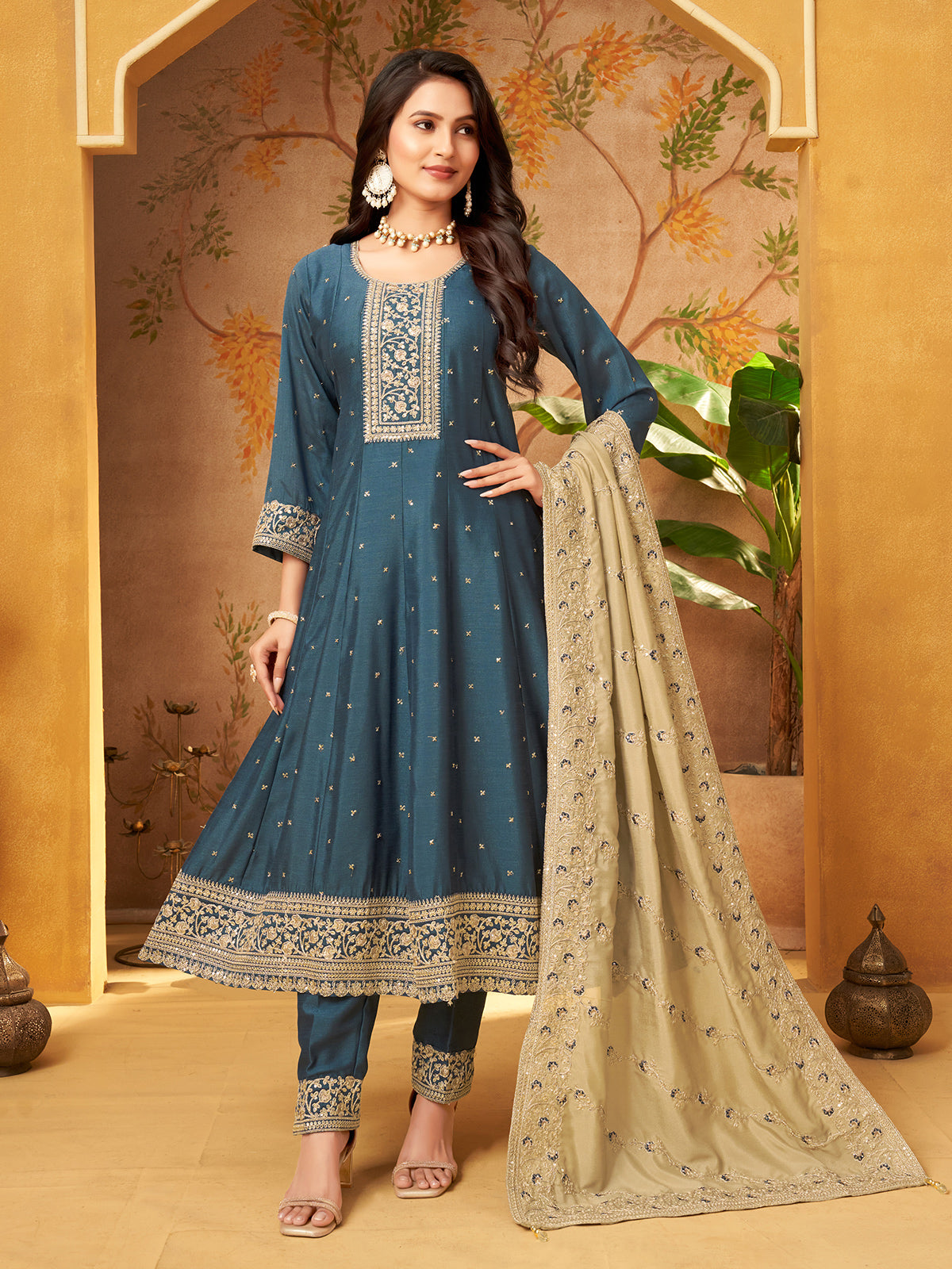 Teal blue slub silk elegant embroidered anarkali suit