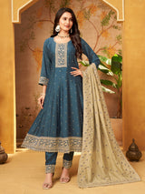 Teal blue slub silk elegant embroidered anarkali suit