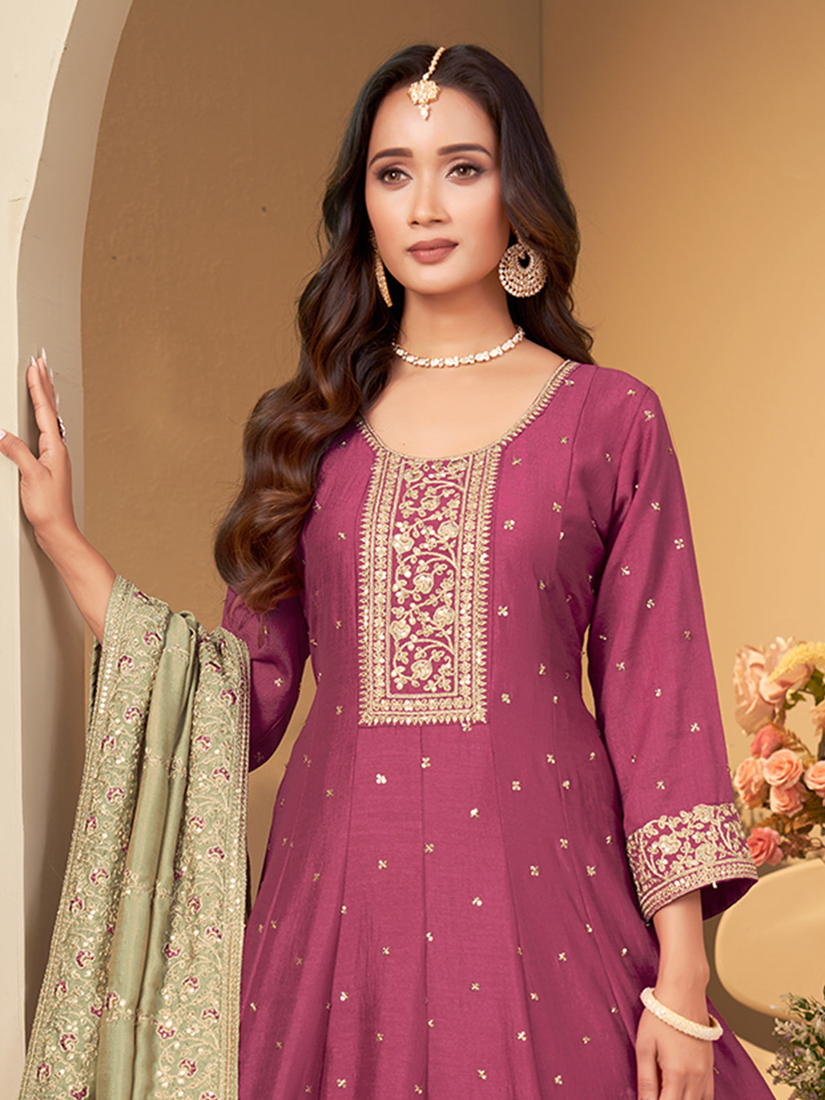 Onion pink slub silk flared embroidered anarkali suit