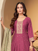 Onion pink slub silk flared embroidered anarkali suit