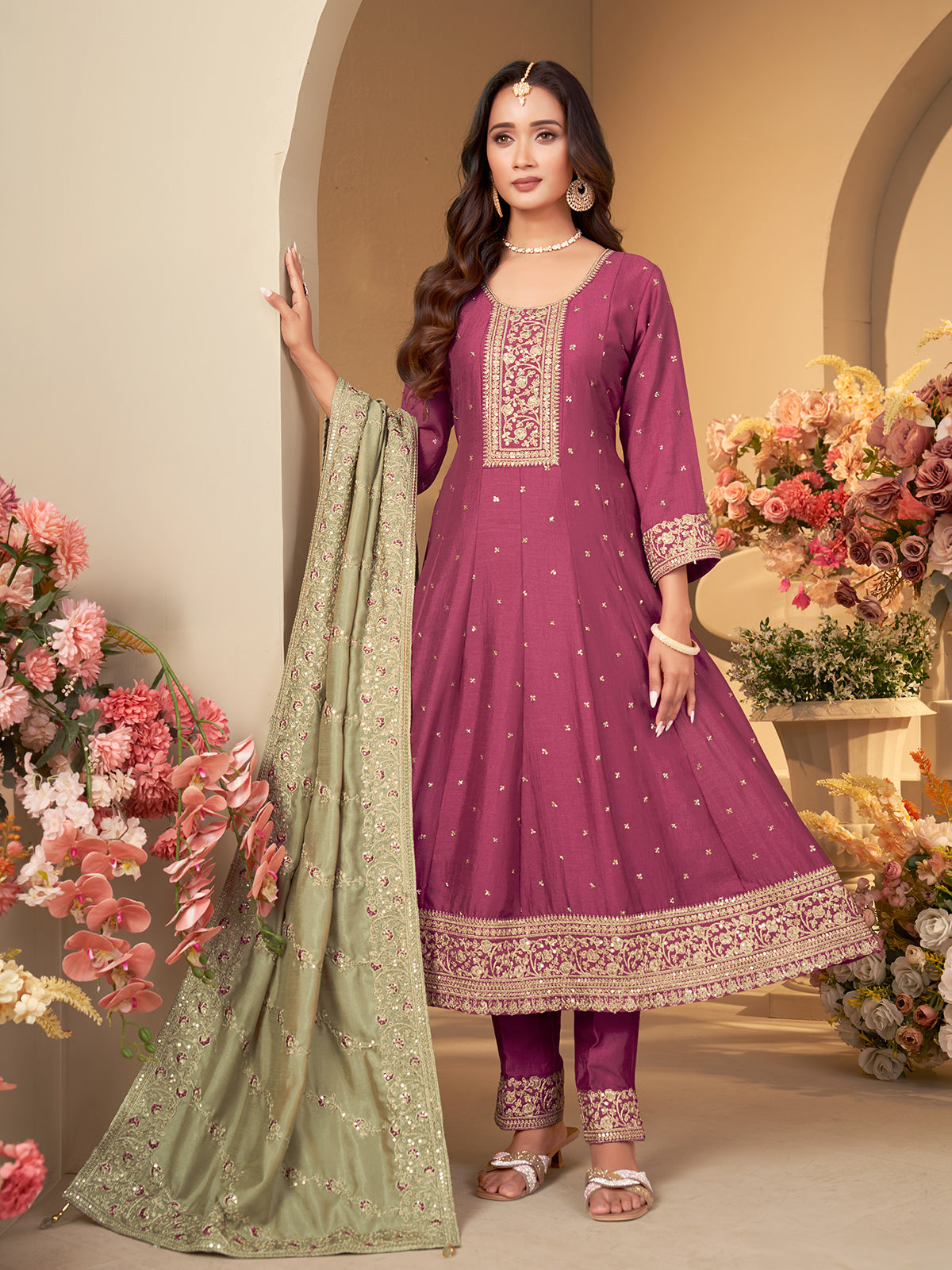 Onion pink slub silk flared embroidered anarkali suit