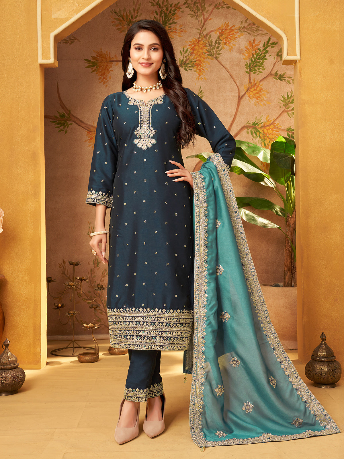 Blue silk royal embroidered straight cut festive salwar suit