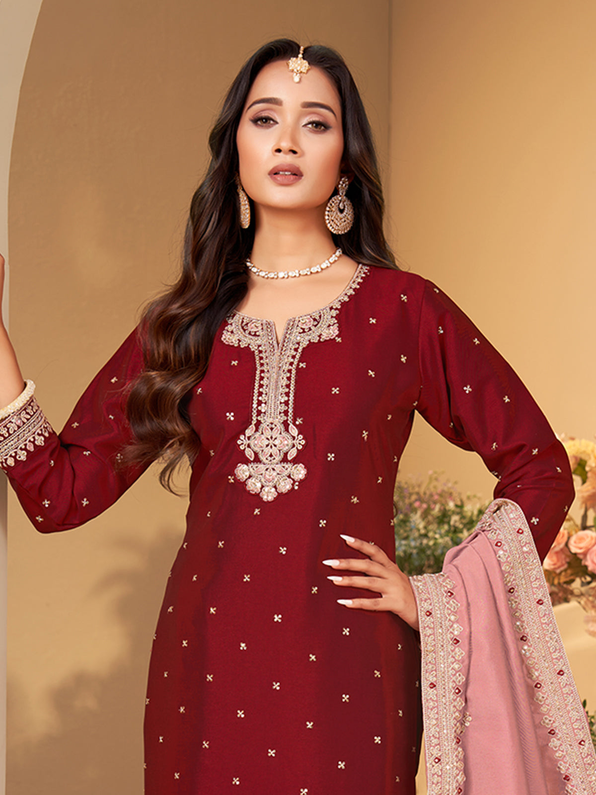Maroon silk regal embroidered straight cut salwar suit