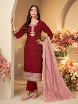 Maroon silk regal embroidered straight cut salwar suit