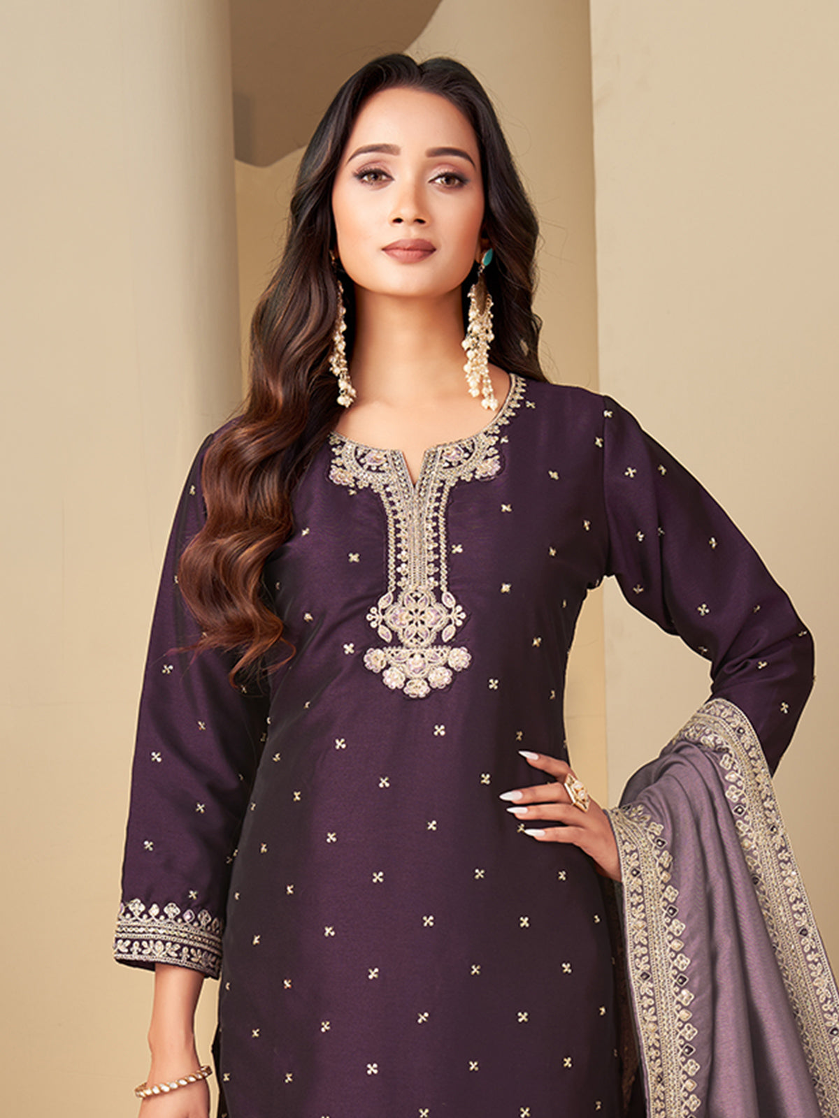 Purple silk royal embroidered straight cut salwar suit