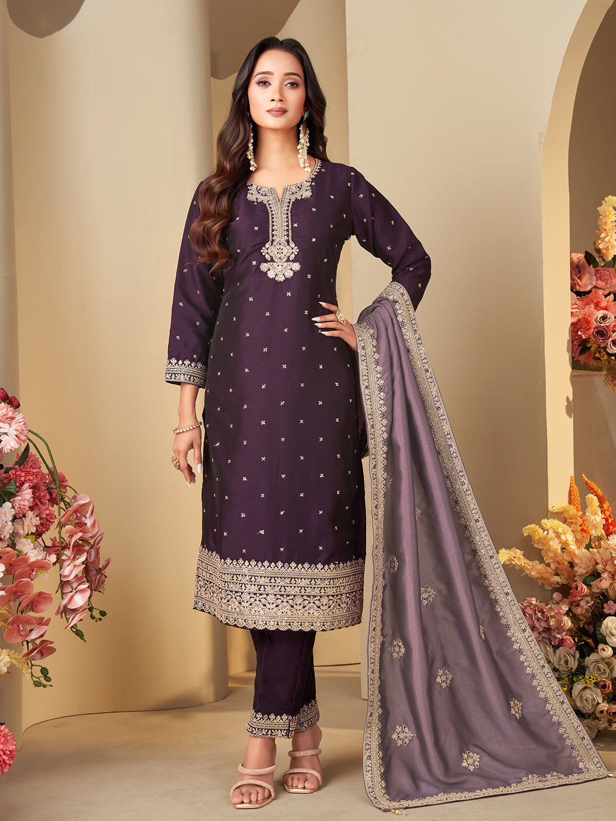 Purple silk royal embroidered straight cut salwar suit