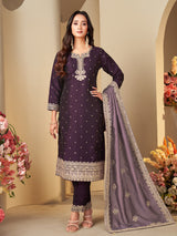 Purple silk royal embroidered straight cut salwar suit