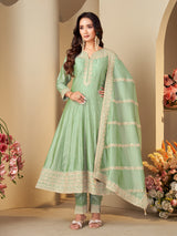 Pista green slub silk elegant embroidered anarkali suit