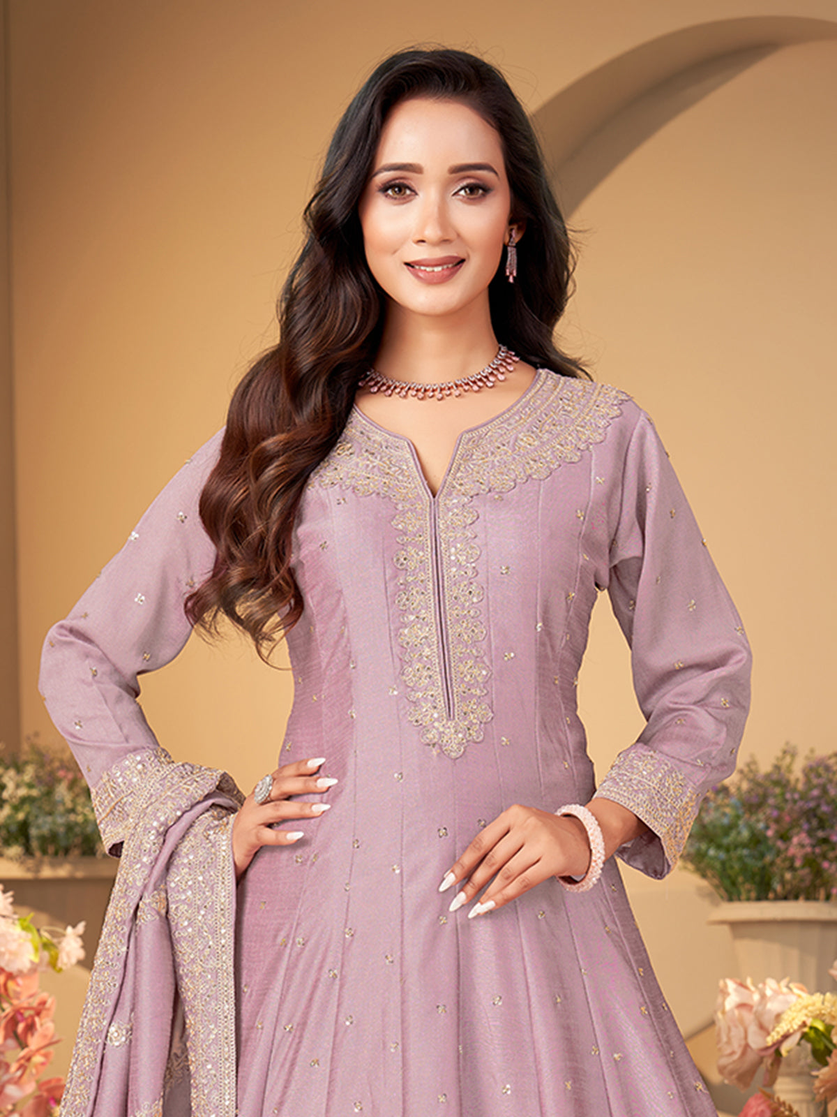 Lavender slub silk designer zardosi festive salwar suit