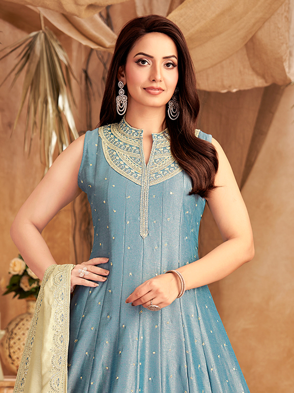 Slate blue slub silk sleeveless embroidered anarkali suit