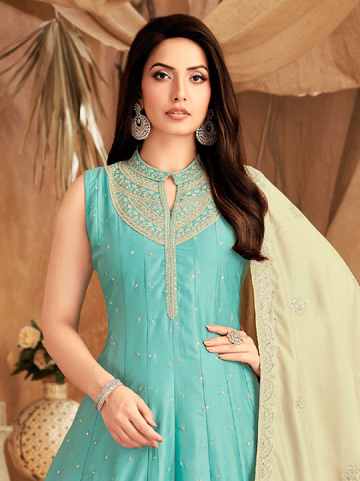 Mint blue slub silk elegant flared anarkali suit
