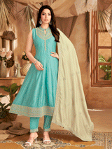 Mint blue slub silk elegant flared anarkali suit