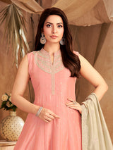 Light pink slub silk sleeveless festive anarkali suit