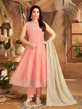 Light pink slub silk sleeveless festive anarkali suit