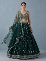 Bottle green raw silk designer lehenga choli
