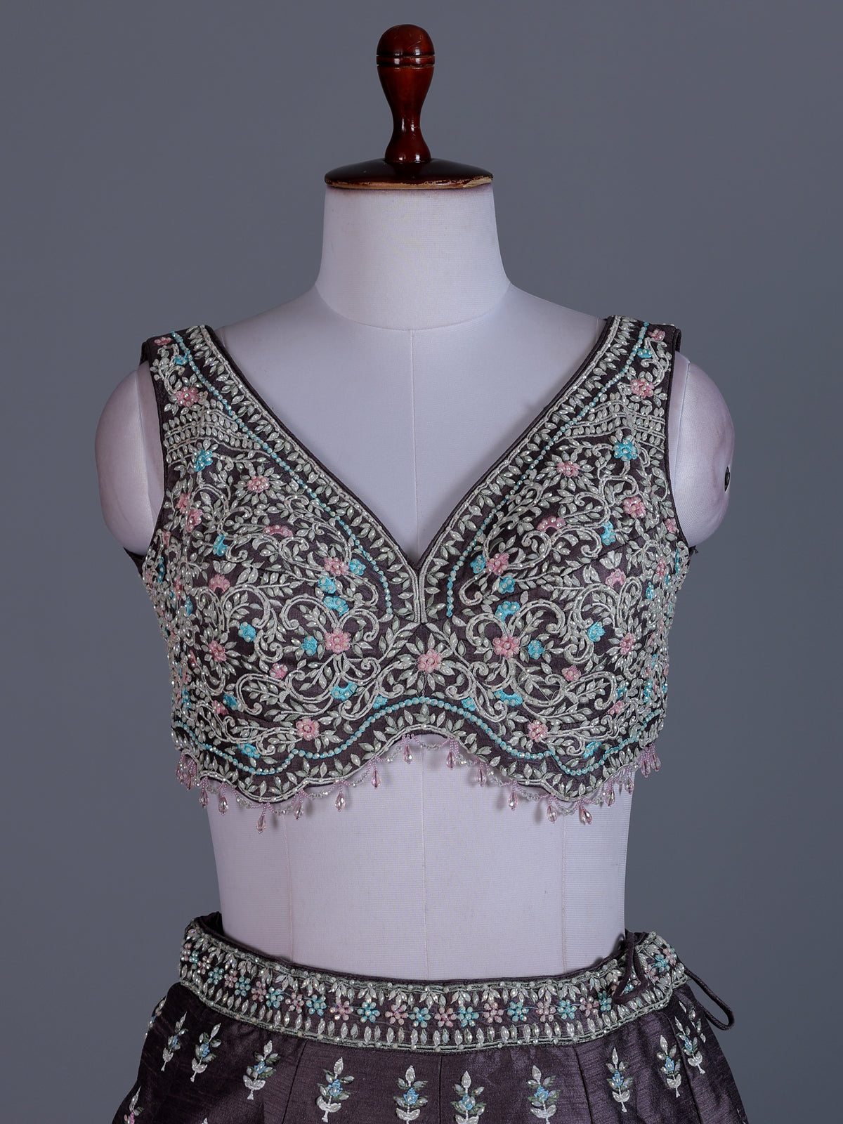 Purple raw silk floral motif lehenga choli design