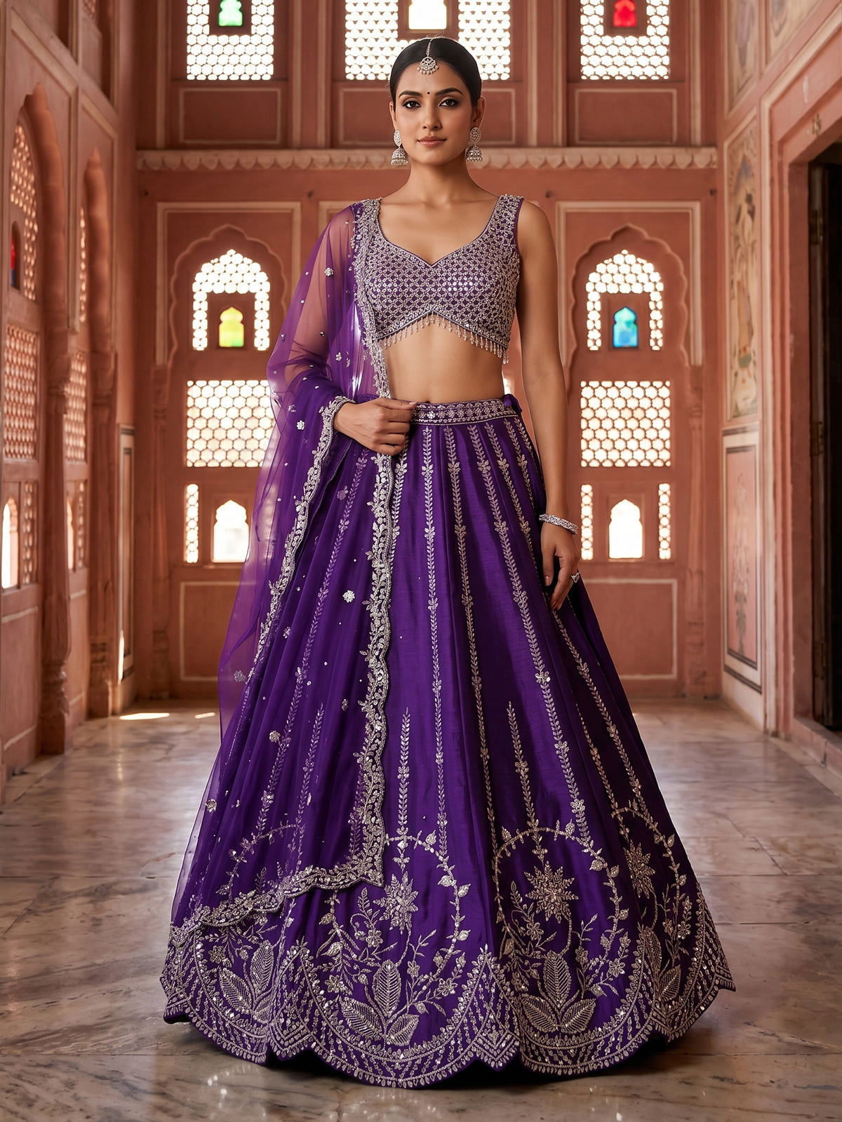 Violet raw silk embroidered lehenga choli with dupatta
