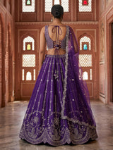 Violet raw silk embroidered lehenga choli with dupatta