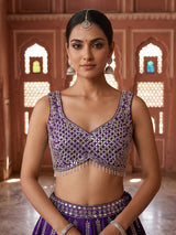 Violet raw silk embroidered lehenga choli with dupatta