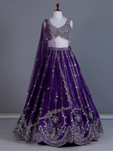 Violet raw silk embroidered lehenga choli with dupatta
