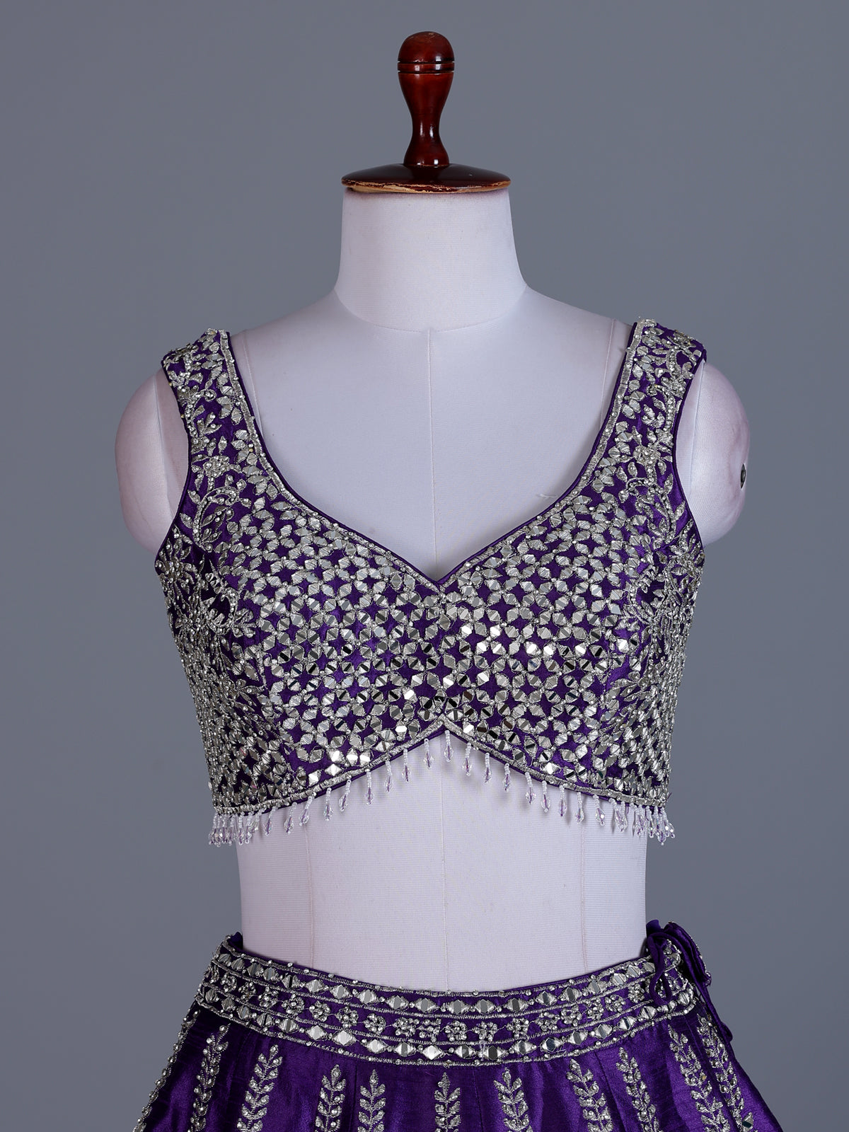 Violet raw silk embroidered lehenga choli with dupatta