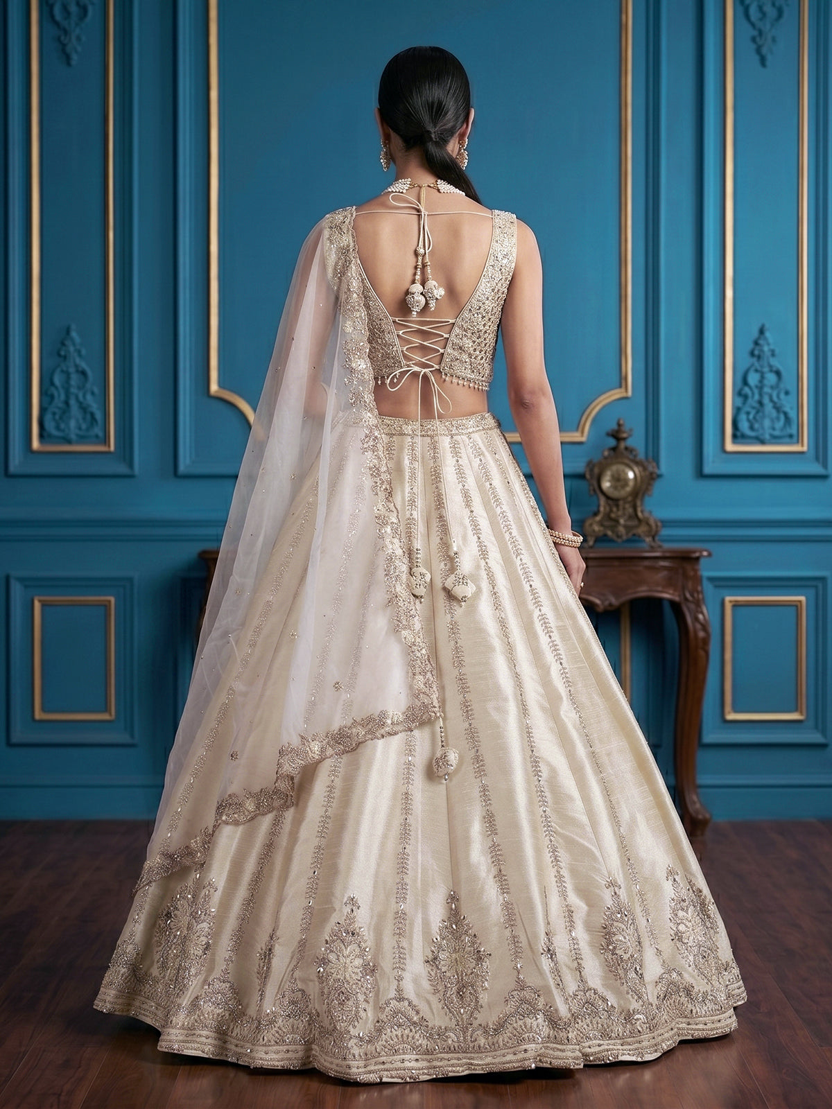 Cream raw silk designer lehenga choli with dupatta