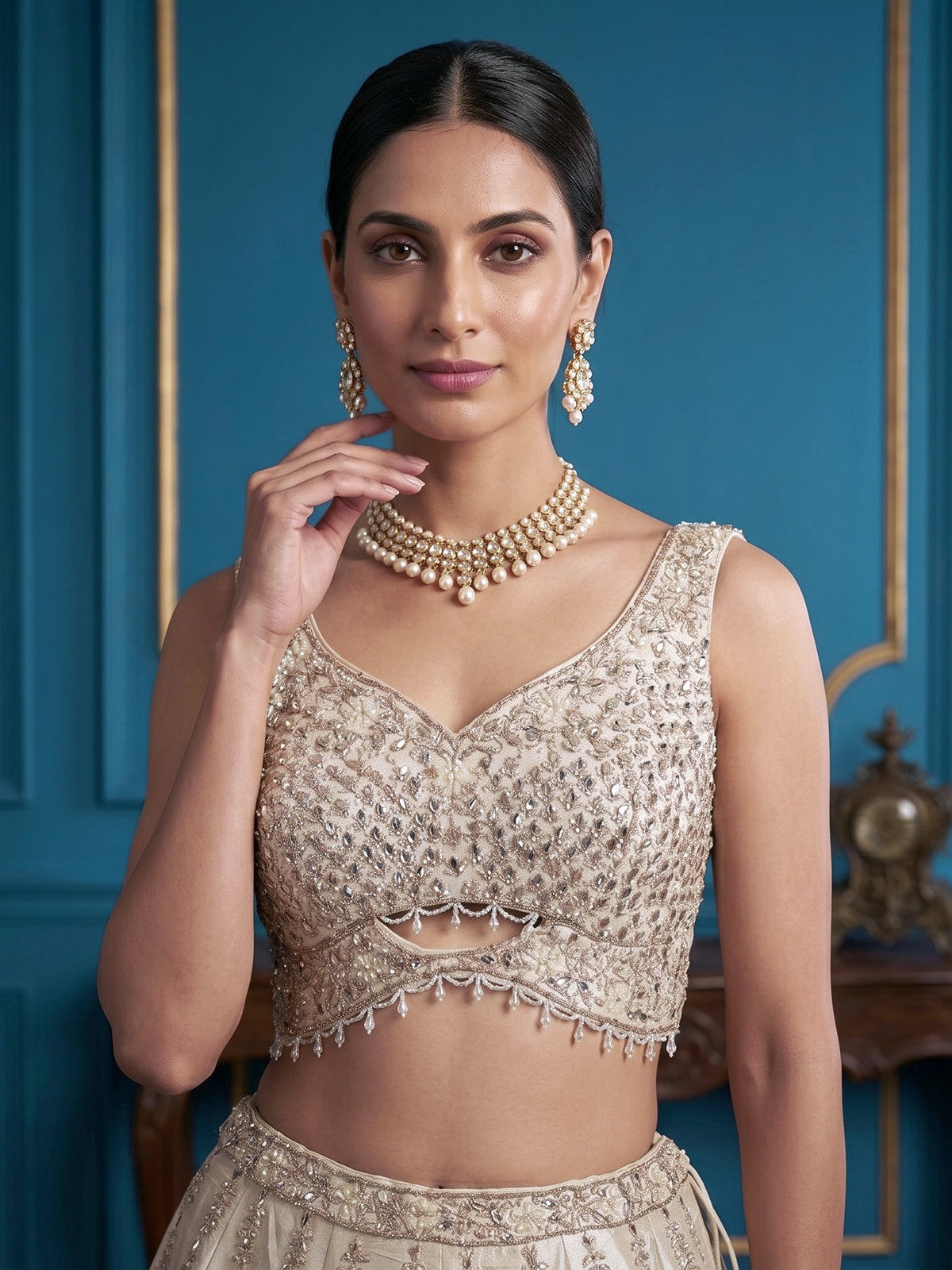 Cream raw silk designer lehenga choli with dupatta
