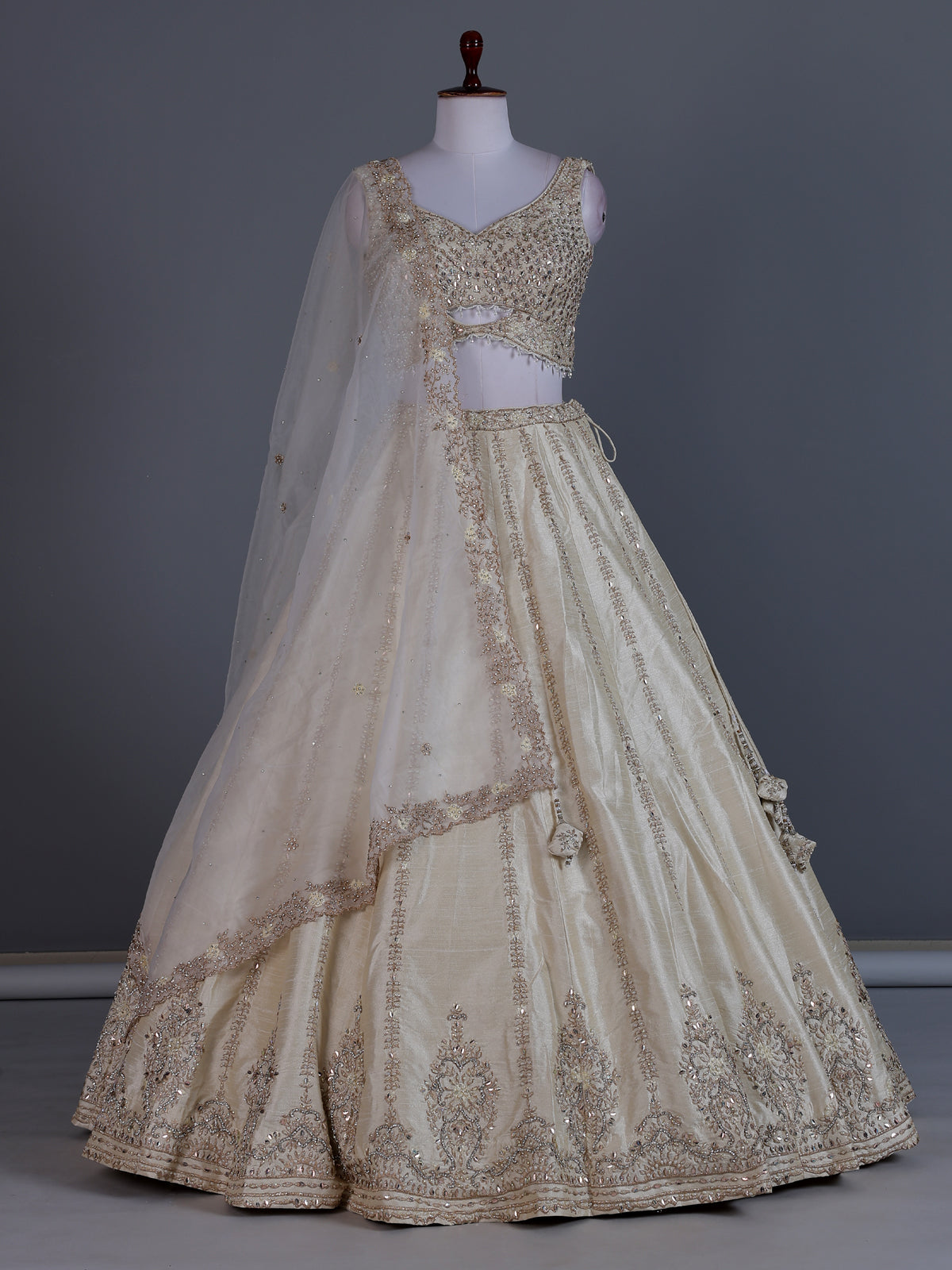 Cream raw silk designer lehenga choli with dupatta