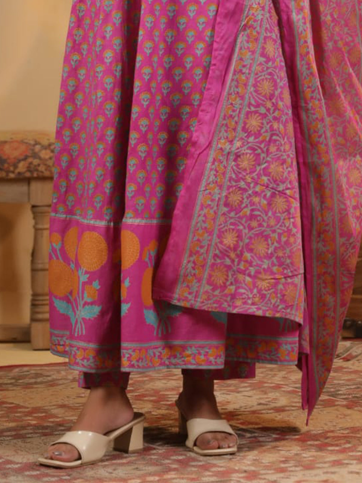 Pink anarkali kurti set with aabla work elegance