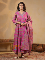 Pink anarkali kurti set with aabla work elegance
