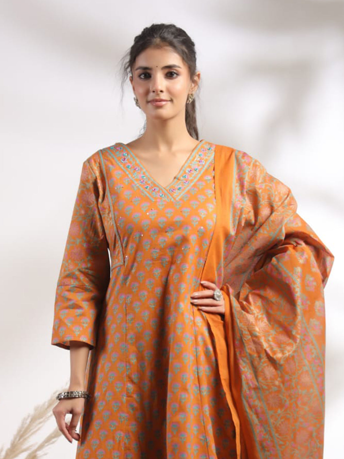 Orange anarkali kurti set with aabla embellishments design