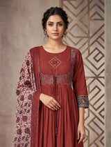 Brown printed anarkali kurti set with stylish dupatta