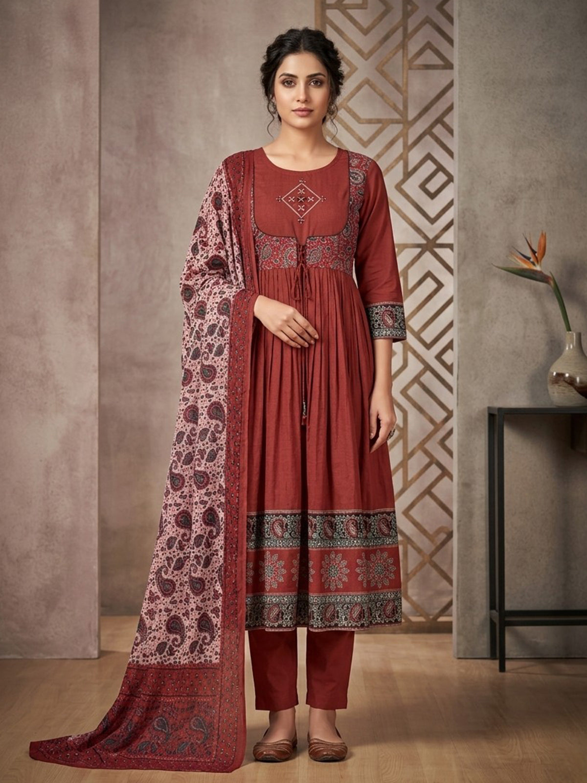 Brown printed anarkali kurti set with stylish dupatta