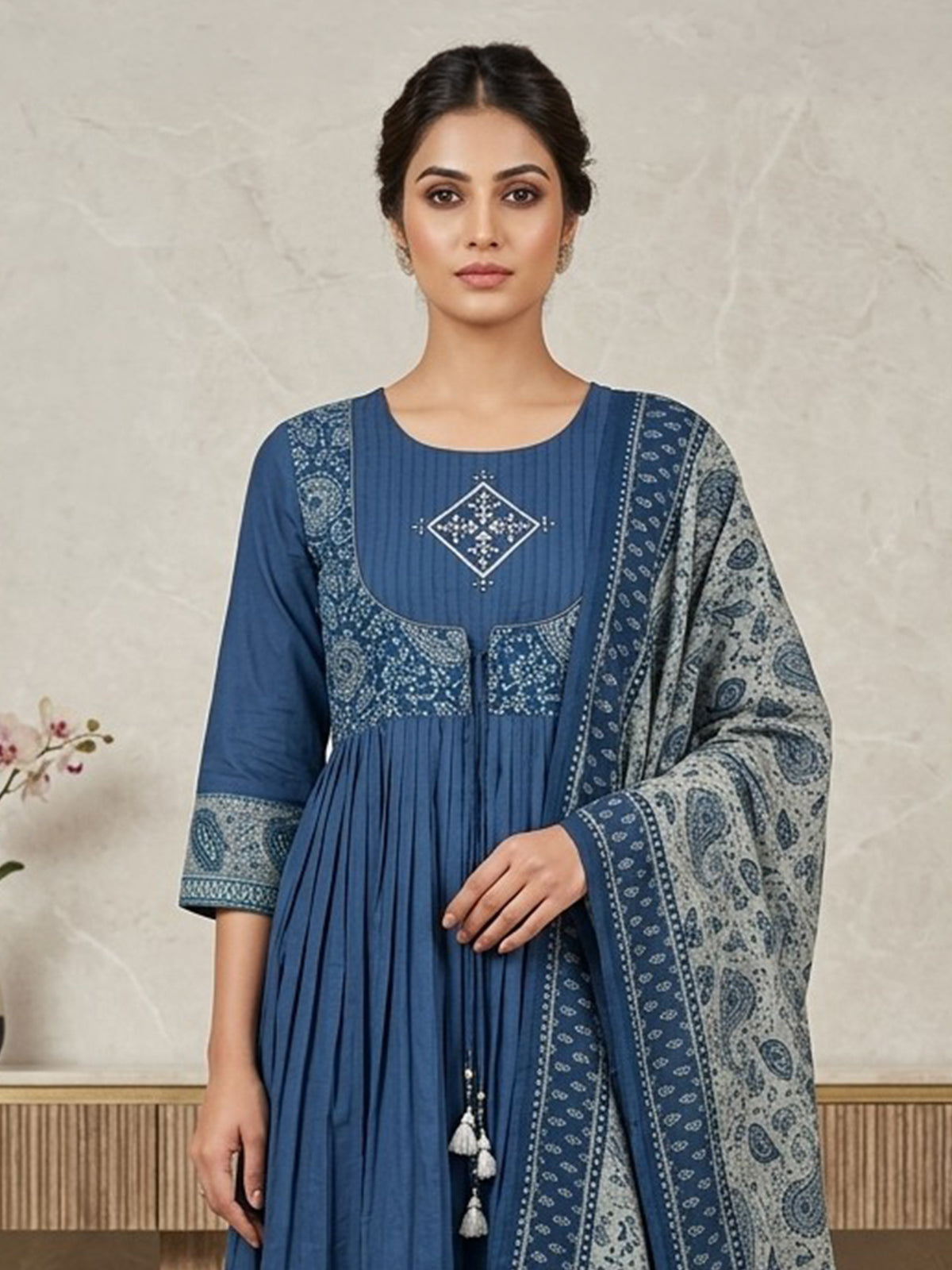 Blue printed anarkali kurti set with elegant dupatta