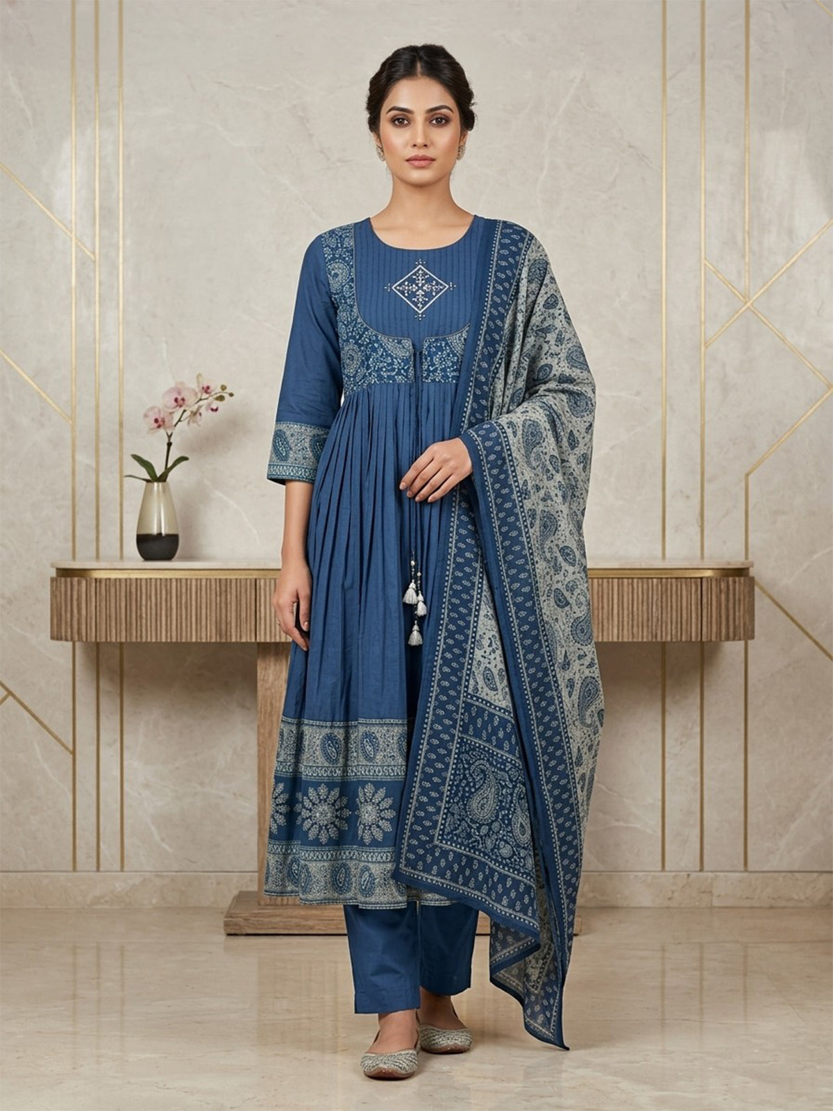 Blue printed anarkali kurti set with elegant dupatta