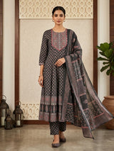 Charcoal grey printed kurti set with dupatta design
