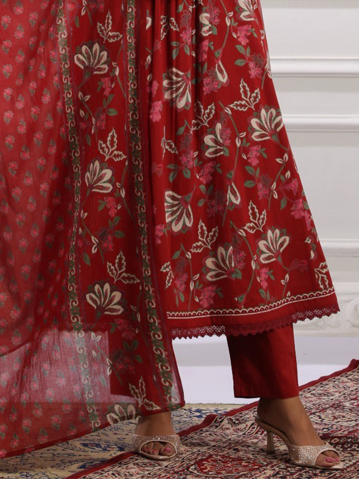 Maroon silk embroidered kurti set with floral dupatta