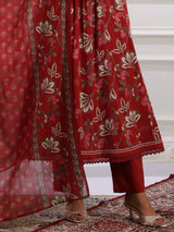 Maroon silk embroidered kurti set with floral dupatta