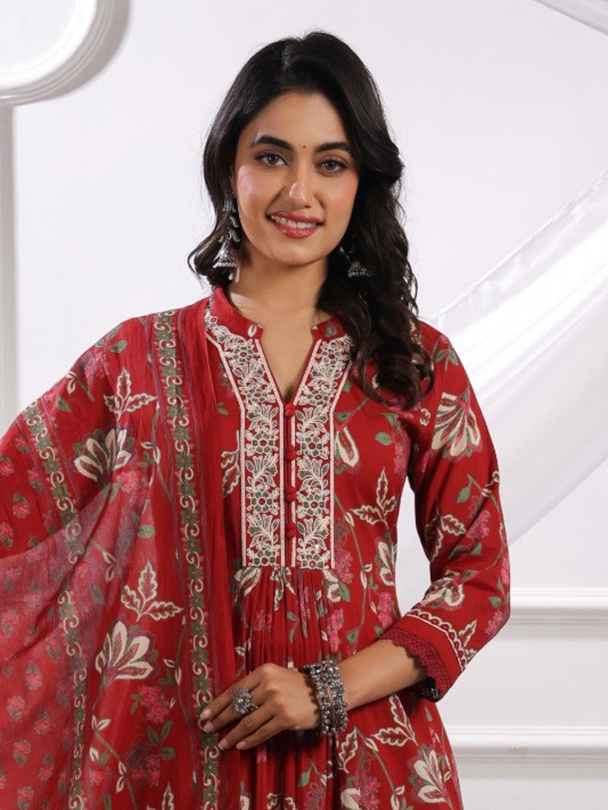 Maroon silk embroidered kurti set with floral dupatta