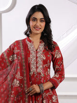 Maroon silk embroidered kurti set with floral dupatta