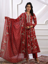 Maroon silk embroidered kurti set with floral dupatta