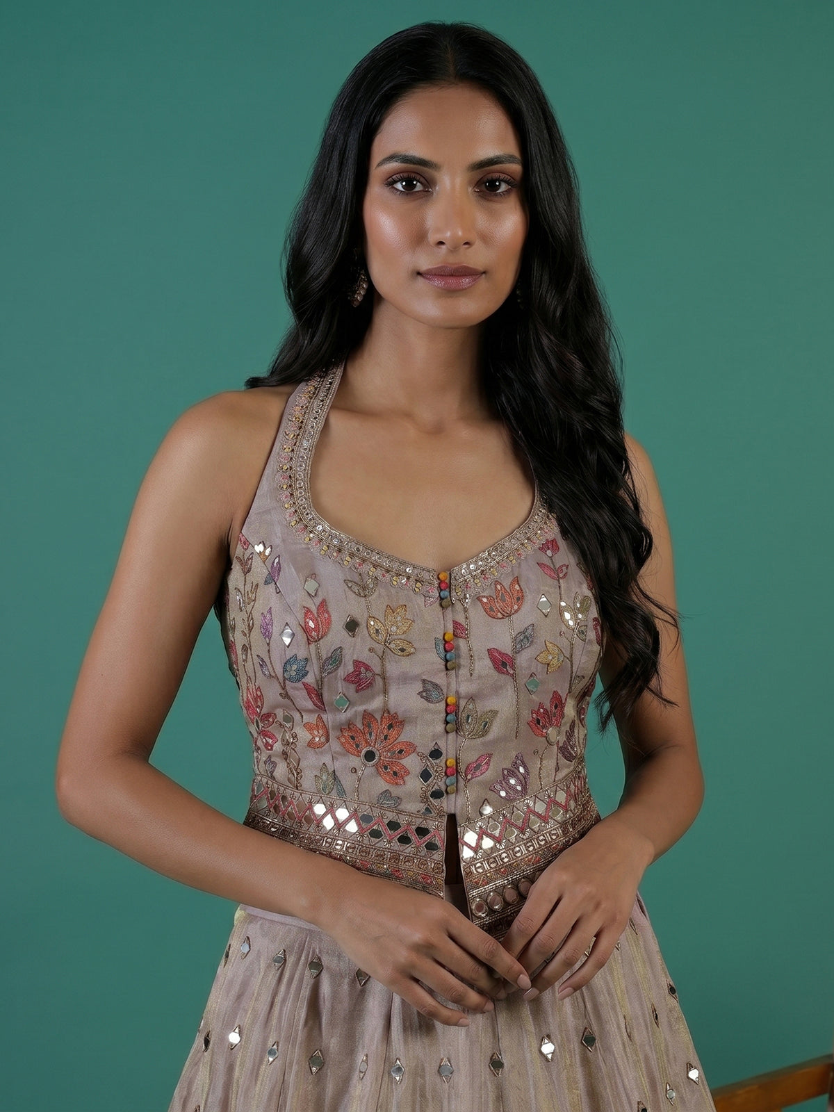 Onion pink silk halter neck lehenga choli